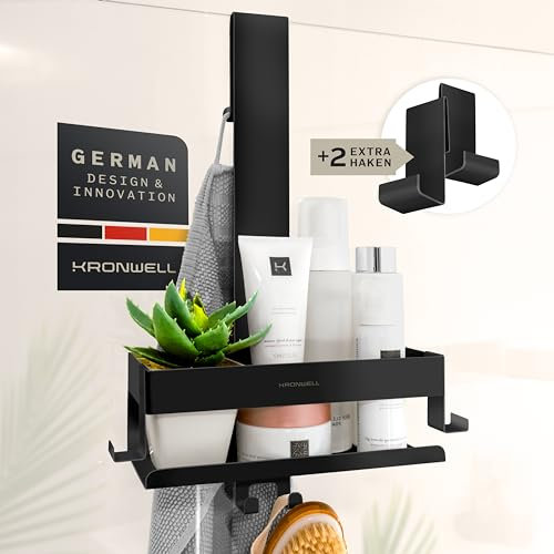 KRONWELL® Duschablage zum Hängen - rostfrei + 2 zusätzliche Haken - Duschregal zum Hängen - Duschkorb hängend Edelstahl - Shampoo Halterung für Dusche - Schwarz Matt