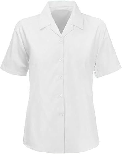 Ladies Short Sleeve Blouse Work wear Office Casual Shirt Cotton Blouse Open Neck Reverse Collar (UK, Numeric, 36, Regular, Regular, White)