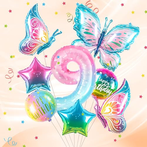 ballon 9 Jahre Schmetterling Geburtstag Deko zahlen luftballon 9 jahre | Bunt Schmetterlinge Geburtstagsdeko Folienballon - für 9. Geburtstag Mädchen Deko - fliegt mit Helium