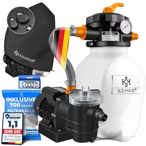 KESSER® Système de Filtre à Sable + 700 g de Billes filtrantes remplacent 25 kg Filtre à Sable vanne 7 Voies avec indicateur de Pression Filtre de Piscine 10 mġ/h cuve de Filtre (Blanc)
