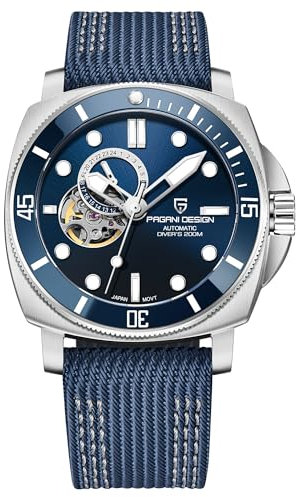 Pagani Design Montre Automatique pour Homme Tourbillon Squelette Mode analogique NH39 Mouvement 200M imperméable Bracelet Nylon Lumineux, Cuir Bleu