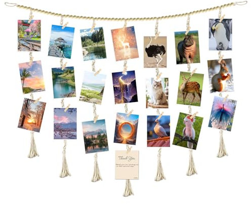 Présentoir Photo à Suspendre,Porte Photo Mural,Accroche Photo, Pêle Mêle Photo Mural Avec 7 Cordes et 30 Pinces en Bois Cadre Photo Suspendu,pour Ado Fille Maison Chambre Decoration.