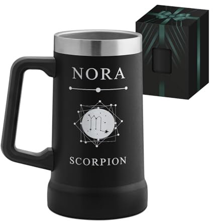 Maverton Mug Isotherme Personnalisable Noir 700 ml - Verre a Biere en Acier Inoxydable avec Anse - Idee Cadeau Femme, Cadeau Personnalisé pour elle avec prénom et texte gravé Signe du zodiaque