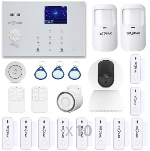 GSM/WiFi Alarmanlagen Komplettsystem, TECPEAK Alarmanlage Haus mit Alarmsirene, Haussicherheits Set inkl. Fensteralarm/Türalarm, Bewegungsmelder, Fernbedienung,Tag,SOS Hausnotruf Senioren (A2 KIT3)