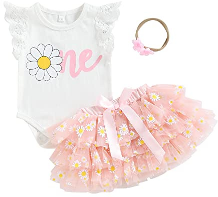 Baby Mädchen 1.Geburtstag Fotoshooting Outfit Lang/Kurzarm Strampler+Rock+Haarband Spitzen Patchwork Tutu Tüll Rock Set Baby Mädchen Geburtstag Prinzessin Tüllrock Outfit (Rosa-B, 6-12 Monate)