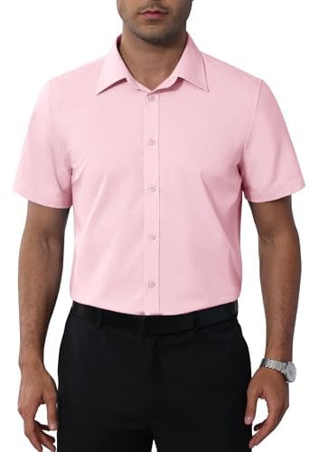 siliteelon Men's Short Sleeve Pink Dress Shirts Stain Shield Stretch Non Iron Business Casual Button Down Shirts