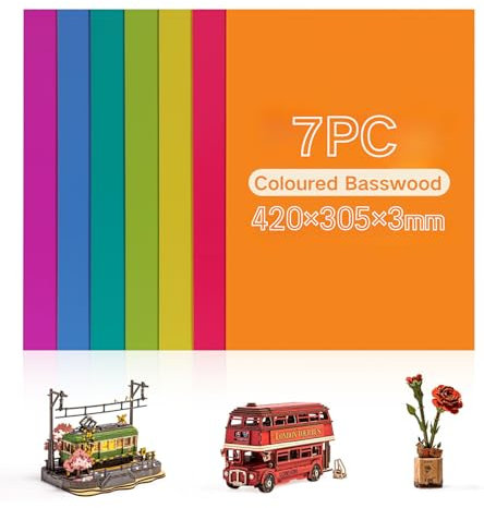 ROBOTIME Plywood Board, 3 mm, A3 Coloured Linden Wood Board, Cut to Measure, Multiplex Board, Wood, Laser, Glued Wood Board, Laser Cut, Openwork, Pack of 7, Type B