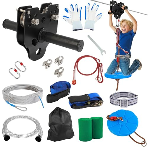 FAHKNS Zipline Kit for Kids & Adults 100ft up to 400lbs - Updated Removable Cart, Thick Seat, Safety Harness, Quick Release Zip Line Kits for Outdoor Garden