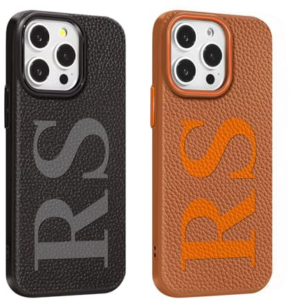 Custom Initials Letters Luxury Vegan Leather Phone Case for iPhone 16 15 14 13 12 11 Pro Max Plus, Compatible with Magsafe, Personalized Text Monogram Phone Cover Birthday Festival Custom Gift