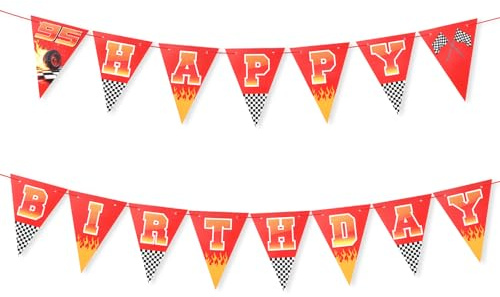 2stk Rennauto Happy Birthday Banner, Vorgespannte Partydekorationen zum Thema Rennsport Wimpelbanner mit Karierter Flagge für Partyzubehör zum Geburtstag von Jungen