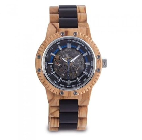 VIBELL Automatikuhr aus Olivenholz, Unisex-Armband aus hellem und dunklem Holz, blaues Skelett-Zifferblatt, mechanischer Stil