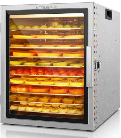 VarmBake Dörrautomat Edelstahl 10 Etagen, 0.84㎡ Dörrfläche, 30-90℃ Obsttrockner Dörrautomat Groß, 800W Lebensmittel Dörrgerät Für Gemüse Fleisch Dörrautomaten, & 316 Tabletts(29X29 cm)