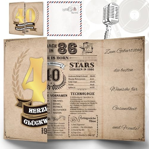 Thboxes Geburtstagskarte Zum 40. Geburtstag, Back In 1986 | Retro-Design, 350 G/M² Papier, Innen Beschreibbar, Mit Umschlag Und Aufkleber