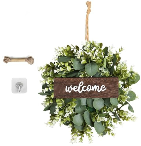 Garvee Holzoptik Türkranz, 35 cm – Deko-Kranz aus Kunststoff, Moderner Schmuck für Türen & Wände, Weiß & Grün
