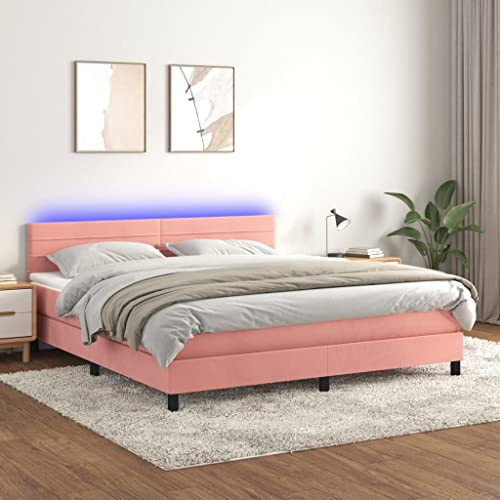 Hoopleep Rosa Velvet Queen Box Spring Bed with Mattress & LED, 160x200 cm, Upholstered Headboard, Pocket Spring Mattress, Skin-Friendly Topper, Adjustable Height for Bedroom Comfort