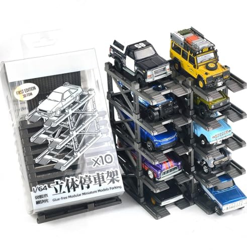 1:64 Diorama Diecast Modulares Auto-Vitrine, 10 Parkplatz-Szene Parkgestell | Garagenmodell für Diecast Modellautos Display, Aufbewahrungsregal, Display Case (Grauschwarz Auto-Parkregal)
