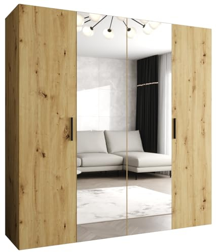 MEBLE KRYSPOL - Kleiderschrank - Garderobenschrank - 200 cm x 202 x 52 cm - Schrank mit Kleiderstange und Spiegel, 4 Türen - für Schlafzimmer, Flur - BARI, Artisan-Eiche, Griff Schwarz