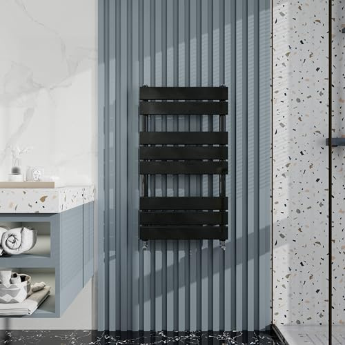 Heated Towel Rail Radiator: Wall Mounted Bathroom Heater with Central Heating, Modern Flat Ladder Panel 800×450mm Black