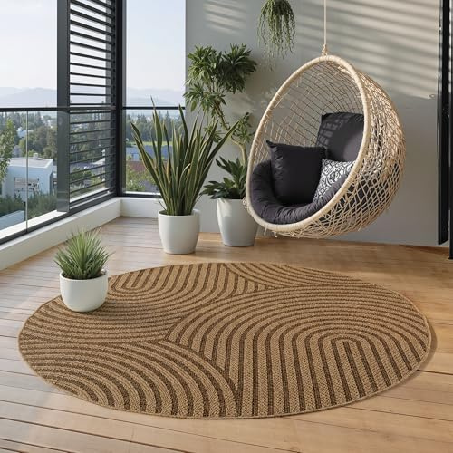 Carpettex Outdoor Teppich Rund 160 cm Skandi Boho Wetterfest Natur Optik