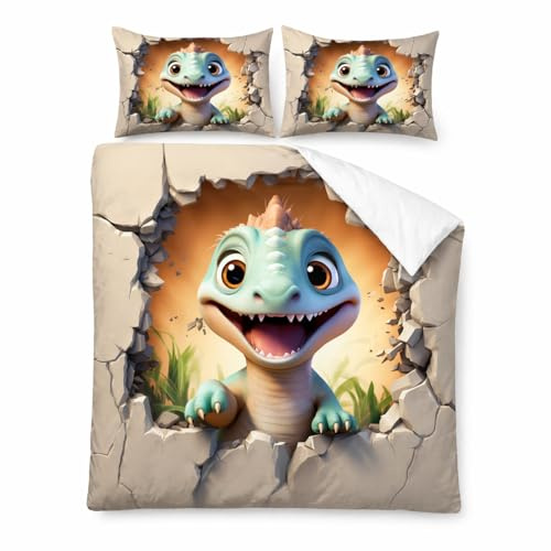 WSFST Ropa de cama infantil de 135 x 200 cm, microfibra, juego de cama de 2 piezas con diseño de dinosaurio en 3D, funda nórdica de 135 x 200 cm y funda de almohada de 80 x 80 cm, ropa de cama con