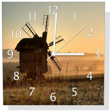 Wallario Design-Wanduhr Morgendämmerung am Mühlenfeld aus Glas, Motiv-Uhr Größe 30 x 30 cm, weiße Zeiger