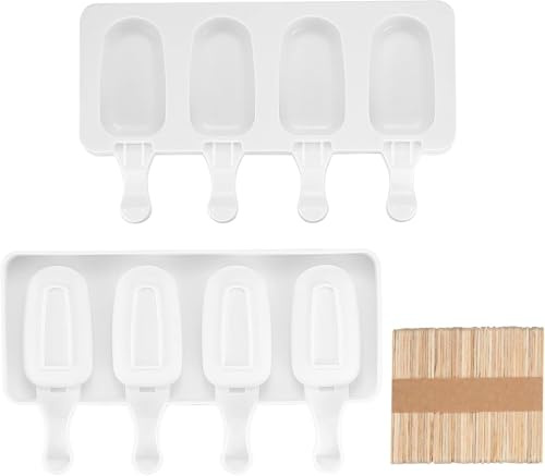 2 Pieces Silicone Ice Cream Moulds 4 Cavity,Ice Lolly Moulds Makers | akesicle Cake Pop Moulds, Frozen Dessert Chocolate Popsicle Tray Molds Moulds with 50 Sticks