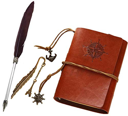 Xemz Refillable PU Leather Journal Notebook with Special Feather Ballpoint Pen and Bookmark, Unlined Paper Travel Diary Jotter, Handmade Leather Notepad, Vintage Art Sketchbook, Punk Cover (brown)