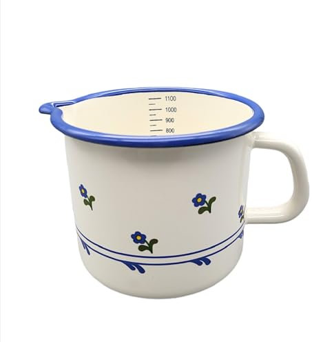 Emaille Milchtopf mit Skala, Messbecher, Schnabeltopf, Creme Blümchen 1 Liter