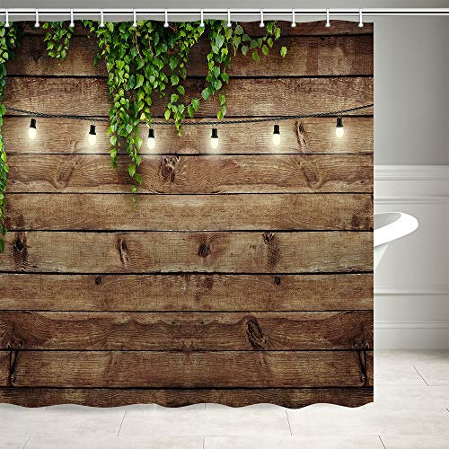 KOTOM Vintage Rustic Wooden Board Door Shower Curtain, Green Leaves on Farmhouse Country Wood Plank, Waterproof Polyester Fabric Countryside Life Bathroom Curtain with12PCS Hooks, 69X70IN