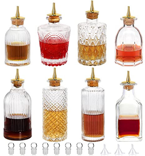 Bitters Bottle 8pcs Glass Dash Bottle Set for Cocktail Gold Corkscrew (8pcs)