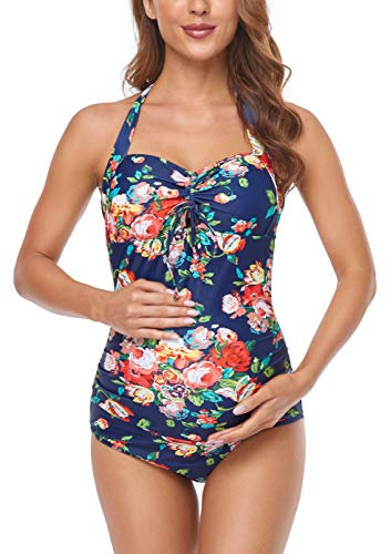 EastElegant Maillot de Bain 1 pièce Halter Grossesse Maillot de Bain avec Cordon de Serrage réglable(Bleu,Medium)