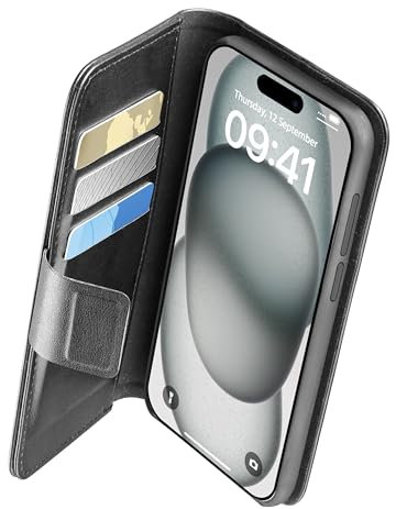 cellularline - Book Agenda - iPhone 15 - Eleganz und Funktionalität in Einer Lösung - mit integrierter antibakterieller Microban-Technologie - Schwarz