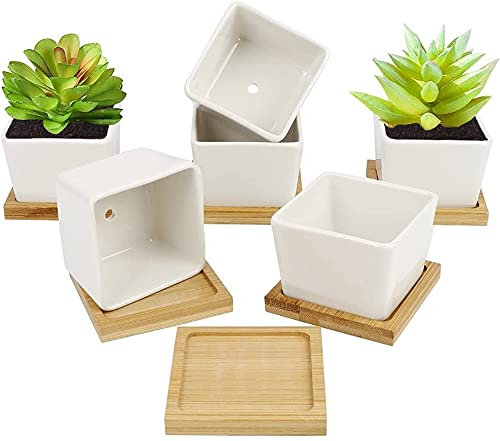 Fiables 6 macetas de cerámica blanca para suculentas cuadradas, pequeñas macetas de interior con bandejas de bambú para plantas, de 2,6 pulgadas mini cactus, macetas de flores para plantas de