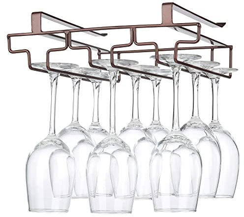 FOMANSH Wine glass holder hanging, no drilling required, storage, no screws required, stainless steel, adjustable shelf thickness, kitchen, Brown