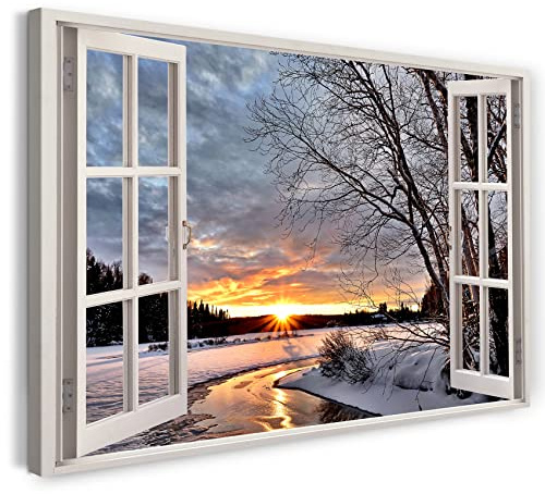 Bilder Fensterblick 100x70cm Baumwoll-Leinwand auf Keilrahmen mit Aufhänger moderner Kunstdruck XXL Wandbilder Wand-Dekoration Fluss Winter Landschaft Sonnenuntergang Natur - Natur-Fotografie