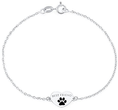 Persönliches Zartes Bff Tier Haustierliebhaber Hund Welpen Worte Bester Freund Herz Pfotenabdruck Armband Für Frauen Teenager .925 Sterling Silber 7,5 Zoll