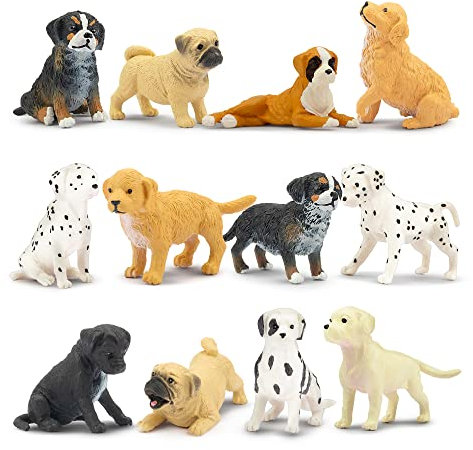 toymany 12PCS Dog Figurines Playset, Realistic Detailed Plastic Mini Puppy Figures, Hand Painted Emulational Tiny Dogs Animals Toy Set, Cake Toppers Christmas Birthday Gift for Kids Toddlers