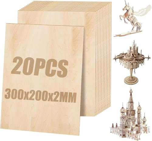 SENENQU Lot de 20 Contreplaqué 2 mm, 300 x 200 mm x 2 mm Panneau de Contreplaqué, Planche de Bois Pour Pyrogravure Bricolage Artisanate en Bois Modèles et Peintures