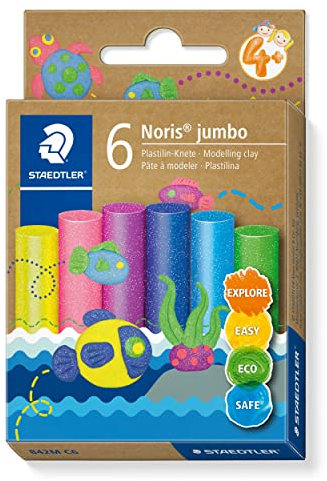 STAEDTLER Glitzer Plastilin Knete Noris jumbo, geschmeidig und formstabil, ideal für Schule und Kindergarten, 6 Knetstangen à 16g in sortierten glitter Farben im Kartonetui, 842M C6