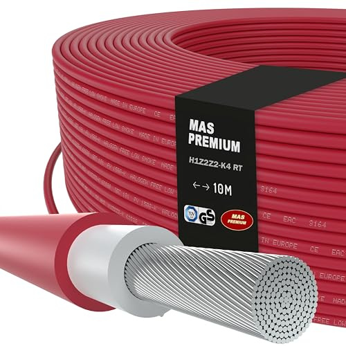 MAS Premium Solarkabel H1Z2Z2-K 4 6 10 mm² Solarleitung TÜV-2 Halogenfrei doppelt isoliert Frei bewegliche oder feste Verlegung in Photovoltaikanlagen 5-200m (H1Z2Z2-K 4, Rot, 10m)