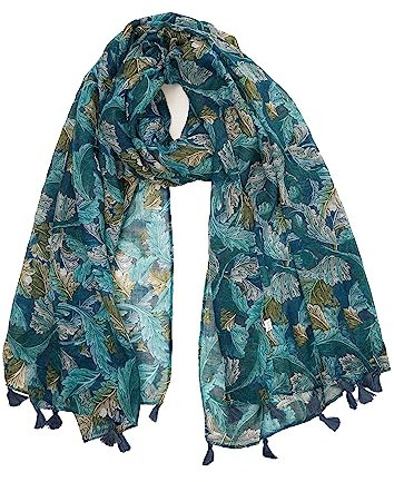 YOUR SMILE Großer Boho-Schal für Damen, leicht, Blumenmuster, Herbst, Winter, modisch, mit Fransen, 01 Teal Leaves, Large