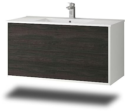 Stil.Zeit Evelia Badmöbel inkl. Waschbecken | Waschtisch mit Unterschrank 100.5 cm | Weiß/Dekor Carbon Marine | Push-to-Open/hängend
