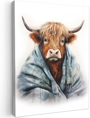 MuchoWow© Leinwand Bilder 50x70 cm Wanddeko Wohnzimmer Aesthetic Room Decor Deko Zimmer Wandbilder Modern Fotogeschenke Schottische Hochlandrind - Kuh - Highland Cow - Decke - Weiß