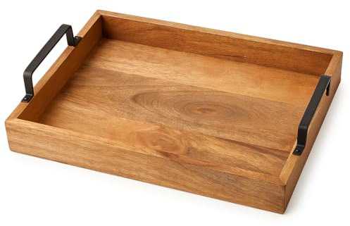 Assorted Collections Wooden Trays with Cast Handles - Premium Quality Decorative Serving Trays for Coffee Table -Wooden Snack Tray Versatile for Meal Service, Home Decor, and Entertaining (Small)