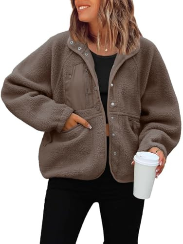 Vimyig Lightweight Cropped Fuzzy Fleece Jacket for Women Winter Warm Sherpa Jackets Coat Outerwear with Pockets