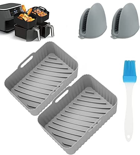 2PCS Silicone Liners for Dual Air Fryer, Air Fryer Basket Pot with Food Brush and Two Hand Clips, Reusable Rectangle Tray Air Fryer Basket for Ninja Foodi AF300UK, Salter Dual Air Fryer