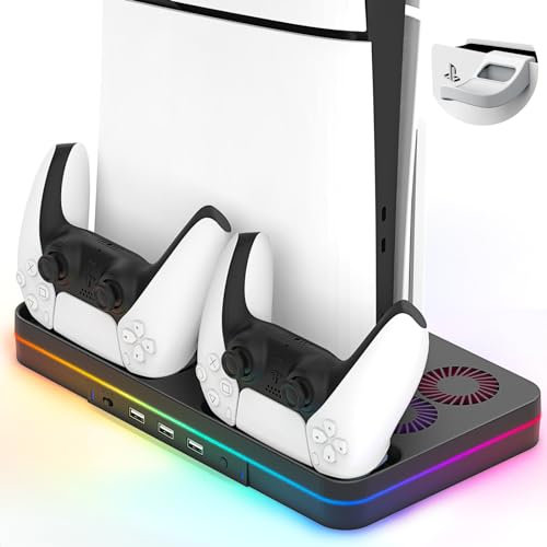 PS5 Slim Konsole Kühlstation, PS5 Slim (Disc & Digital Editions) Ständer Zubehör mit 2 Kühlventilatoren und 2 Controller-Ladestation, PlayStation 5 Kühlständer mit RGB-Licht, Headset-Halterung, 3 USB