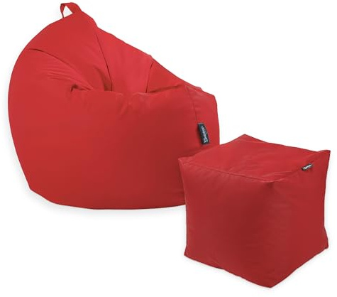 Premium 2-in-1 Sitzsack mit Füllung | Fußhocker | für Kinder & Erwachsene | Outdoor & Indoor | Sitzkissen | Bodenkissen | Wasser- & schmutzabweisend + Sitzpouf 35x35x35cm (Rot, 125 CM + Sitzspouf)