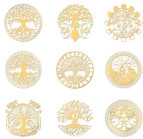 OLYCRAFT 9 Stück 4x4cm Baum Des Lebens Metallaufkleber Keltisch Selbstklebende Goldene Aufkleber Religion Yoga Metallgoldaufkleber Für Sammelalben DIY Harz Handwerk Telefon Wasserflasche Dekor