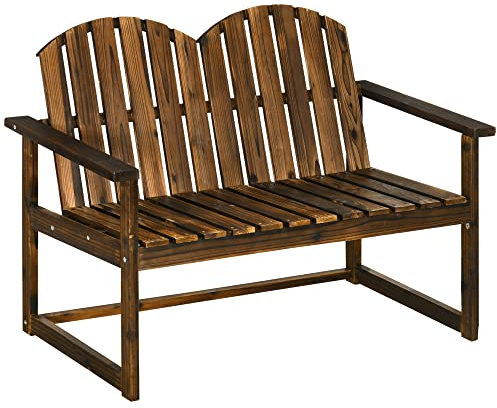 Outsunny Gartenbank, 2-Sitzer Sitzbank, Holzbank mit Rückenlehne, Armlehne, Parkbank, bis 240 kg belastbar, für Garten, Balkon, Verkohlt, 114 x 63 x 86 cm